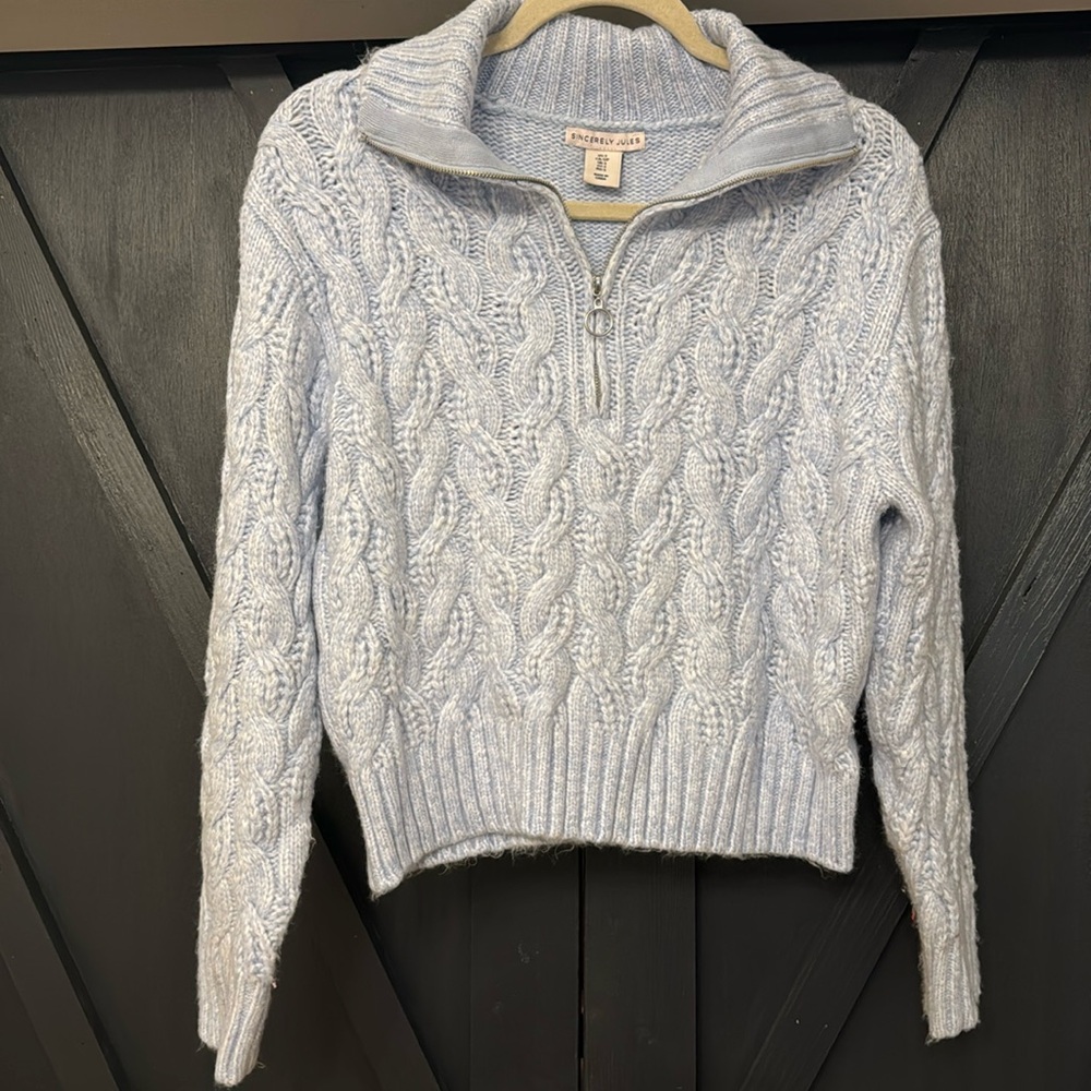 Light blue cable knit half zip sweater. Size small.